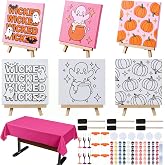 Resholder 43 Pcs Halloween Sip and Paint Kit for Adults, 6 Guest | Halloween Girls' Night Party Painting Kit: Pre-drawn Canvases, Easels, Paint Sets, Skeleton Wine Glasses and Tablecloth