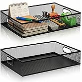 Elsjoy 2 Pack Desk Drawer Organizer Tray, Metal Mesh Desktop Storage Tray Office File Organizer with Handle, Portable Large Storage Basket for Office Supplies, Craft, Magazine, Paper