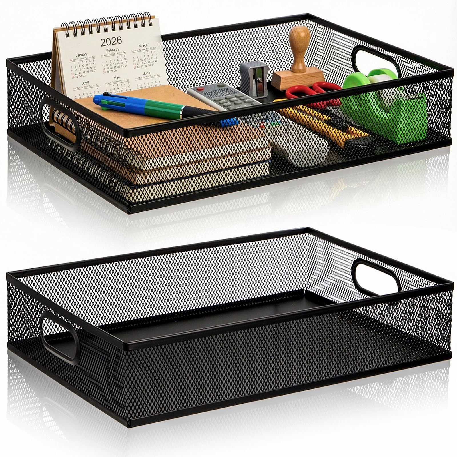 Photo 1 of Elsjoy 2 Pack Desk Drawer Organizer Tray, Metal Mesh Desktop Storage Tray Office File Organizer with Handle, Portable Large Storage Basket for Office Supplies, Craft, Magazine, Paper