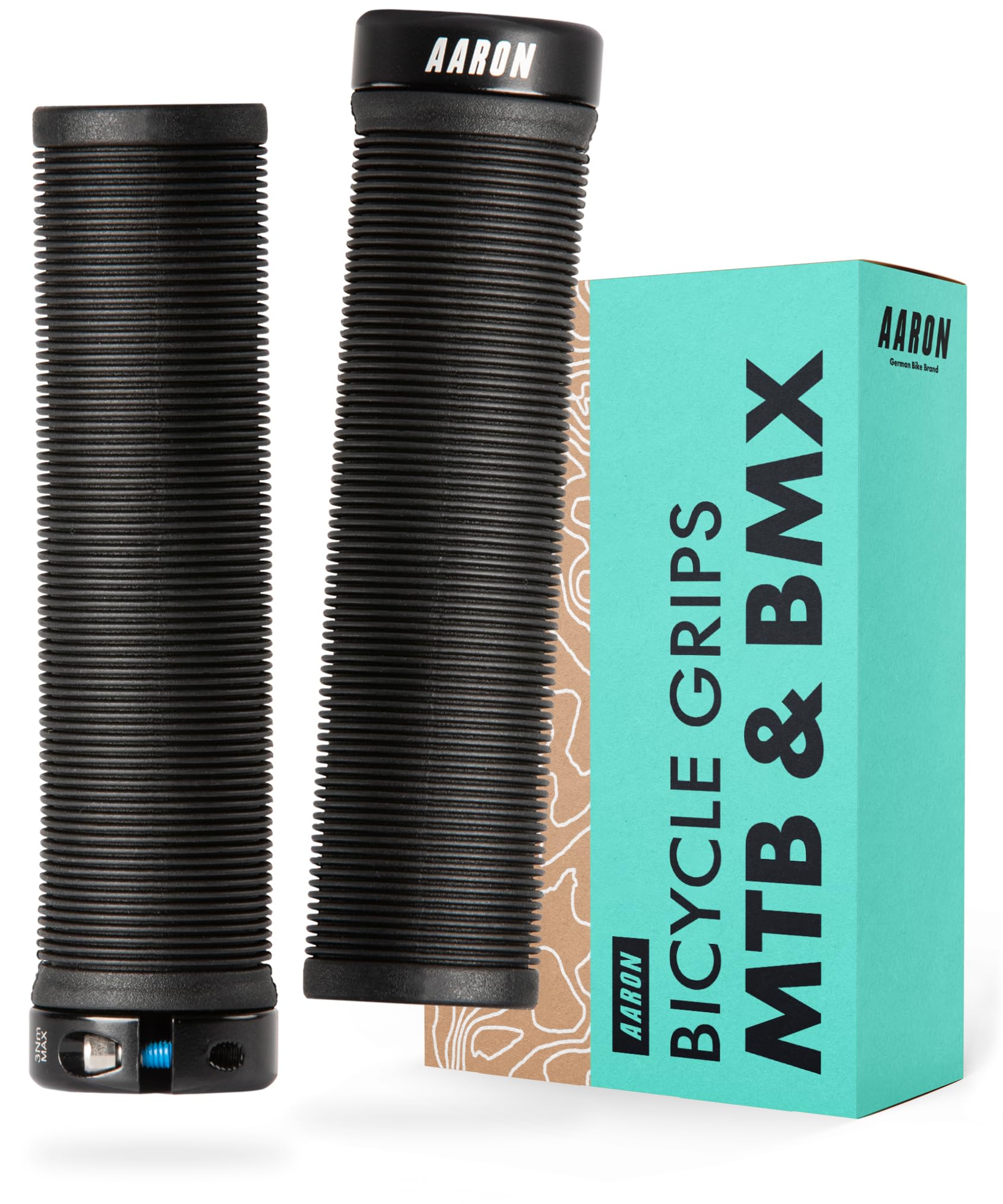 AARON MTB & BMX Bicycle Grips, Sporty Handlebar Grips Made of Non-Slip Rubber, Black Lock-On Gel Grips with Handlebar End Caps for Mountain Bike, Trekking Bike, E-Bike, Crossbike, Fixie and Much More