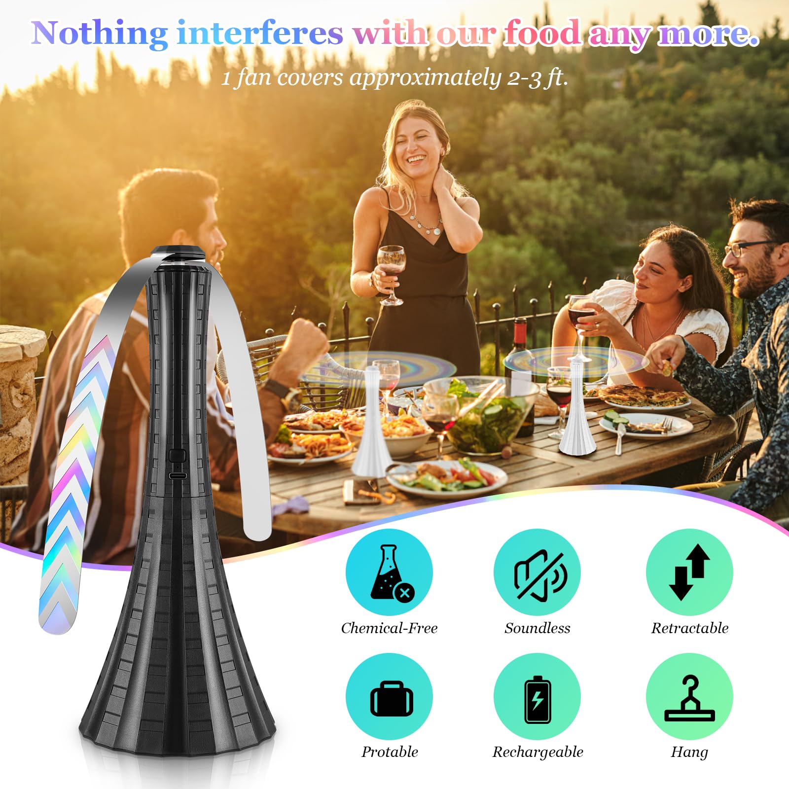 Fly Fans for Tables Rechargeable, Flies Fan USB, Fly Repellent Outdoor Patio to Keep Bugs Away by Soft Blades, Food Fans for Camping, Picnic, Fishing, 6PCS