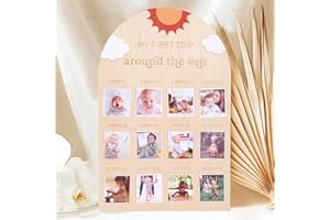 WAHAWU My First Year Wooden Photo Board - My First Trip Around the Sun, You Are My Sunshine Milestone Pohtos Display, Newborn 1 to 12 Months Photo Wooden Board, Baby 1st Birthday Party Supplies