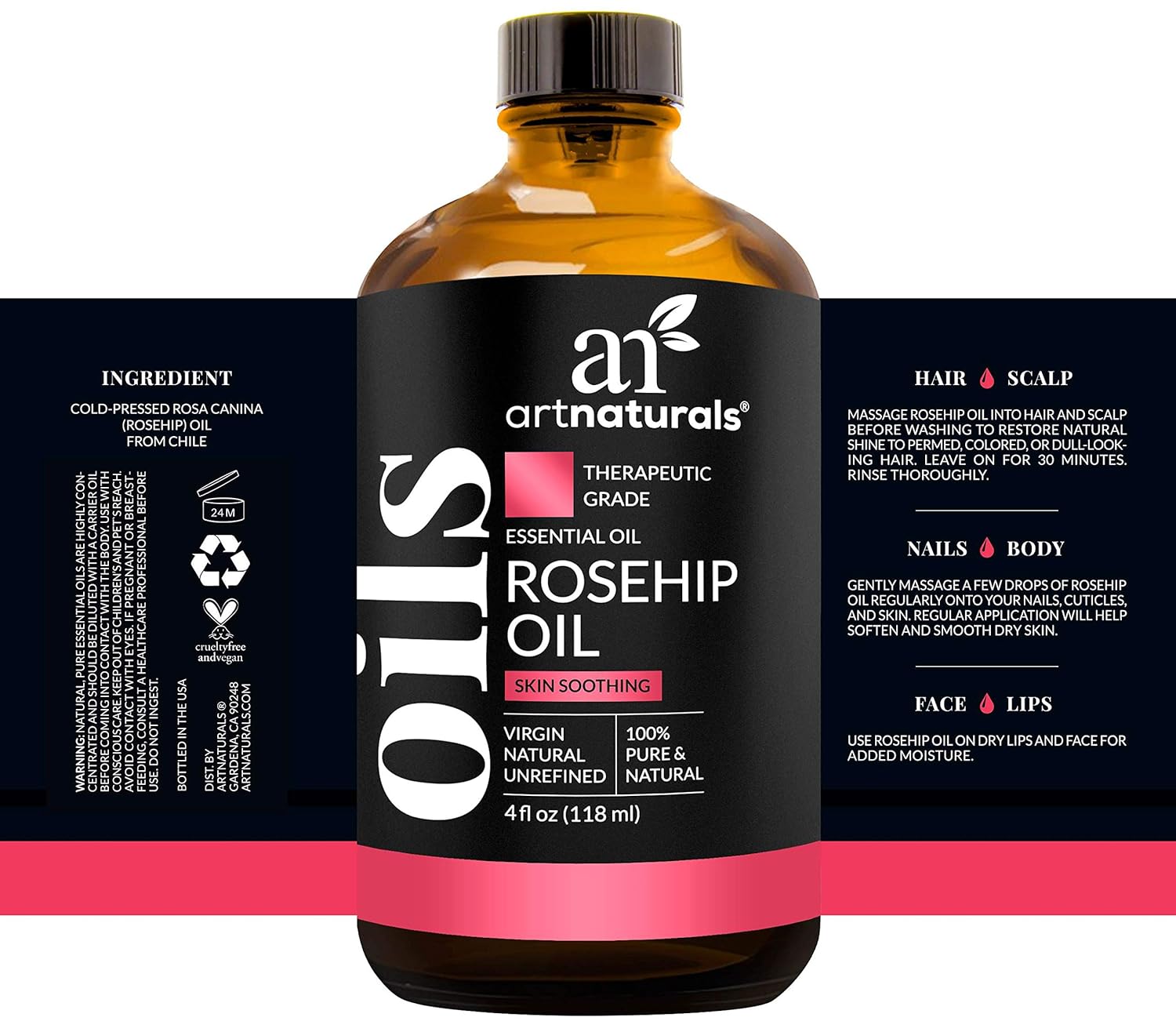 ArtNaturals Rosehip Seed Oil 4 oz for Face, Hair & Skin - 100% Pure Natural, Cold Pressed & Unrefined Rose Hip Oil - Anti-Aging Moisturizer Facial Oil for Dry Skin, Fine Lines, Scars & Wrinkles: Beauty