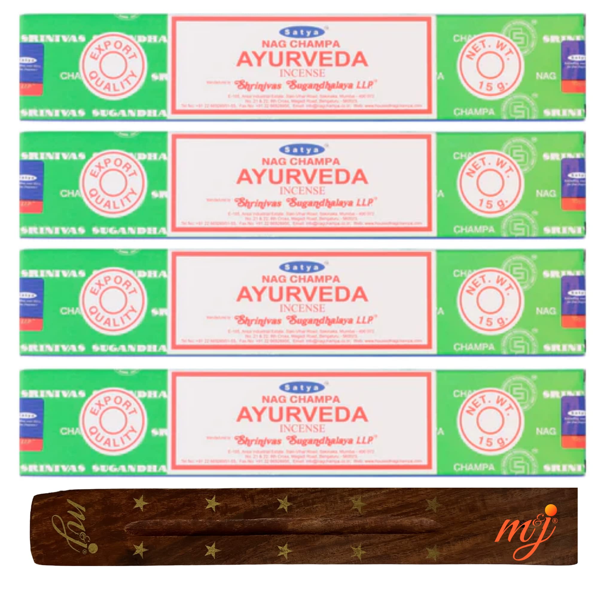 Original Satya Nag Champa Ayurveda Incense Sticks | with M&J incense sticks holder | x4 pack | for Aromatherapy, Spa, Yoga, Weddings, Meditation, Healing, Positivity and Relaxation — image 1