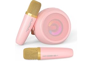 JUNGLE MONSTER Mini Karaoke Machine, LED Wireless Karaoke Machine for Kids, Magic Voices Mini Karaoke Machine with 2 Wireless Microphones, Kids Karaoke Machine for Christmas Birthday Gifts Toys - Pink