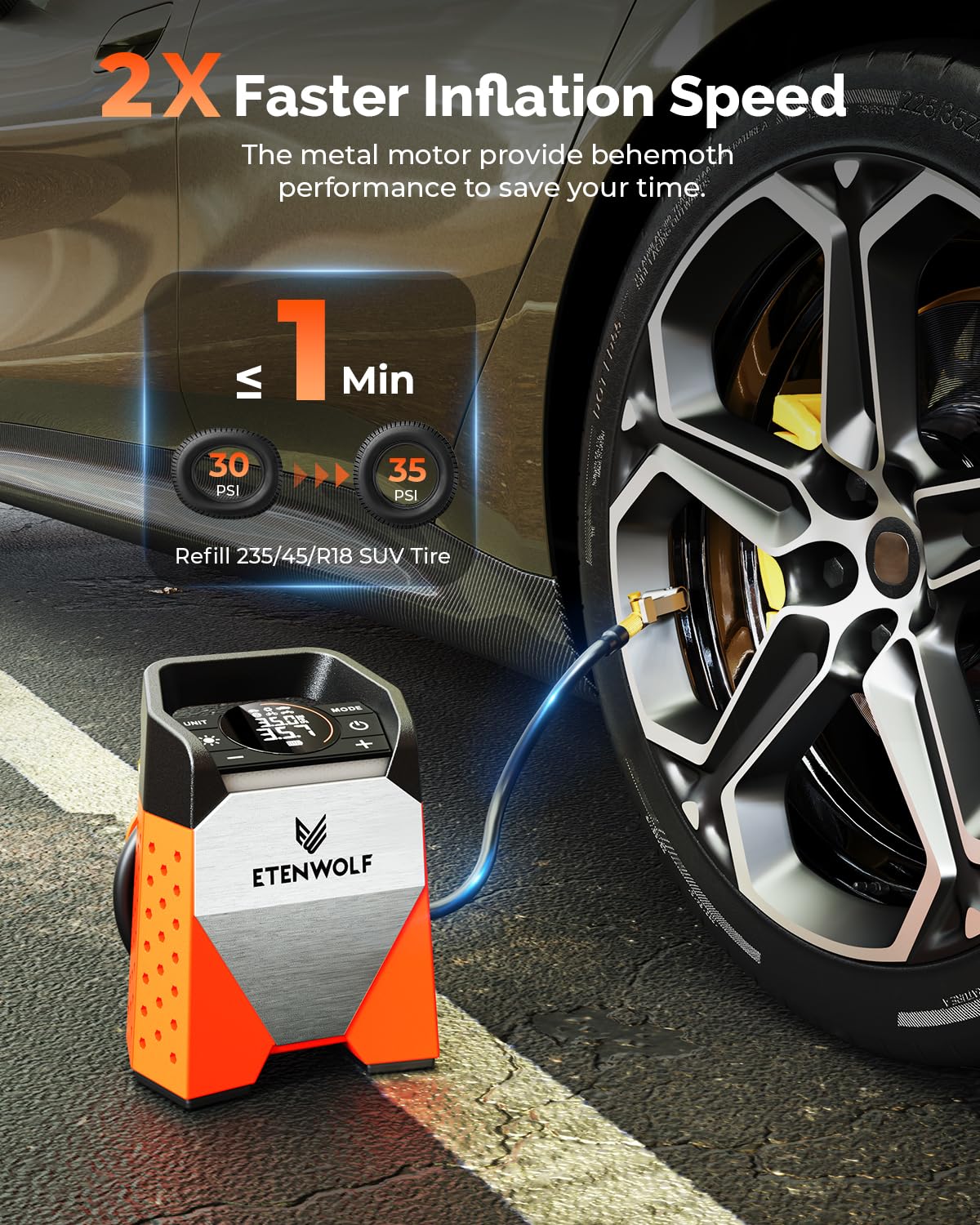ETENWOLF ZEPHYR S3 Tire Inflator Portable Air Compressor, 1 Min Fast Inflation and 100% Duty Cycle, 160 PSI Air Pump for Cars, SUVs, Bikes, Balls (Vivid Orange)