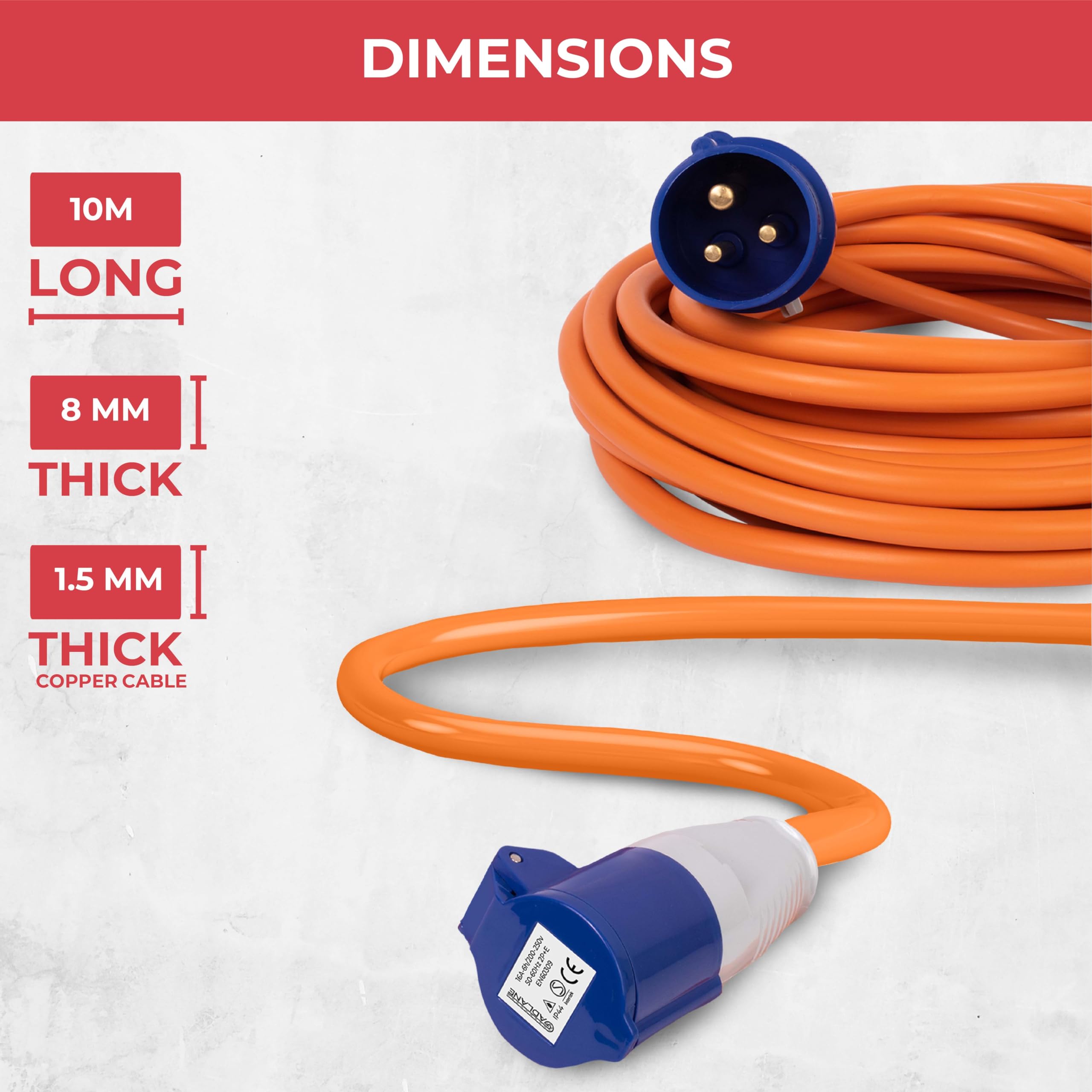 GADLANE CEE Verlängerungskabel 10m - Robustes Wohnwagen Kabel, 16 Ampere 240V Campingkabel - Gut Sichtbares Orangefarbenes - Camping Stromkabel Ideal für Wohnmobil (10 Meter) 5