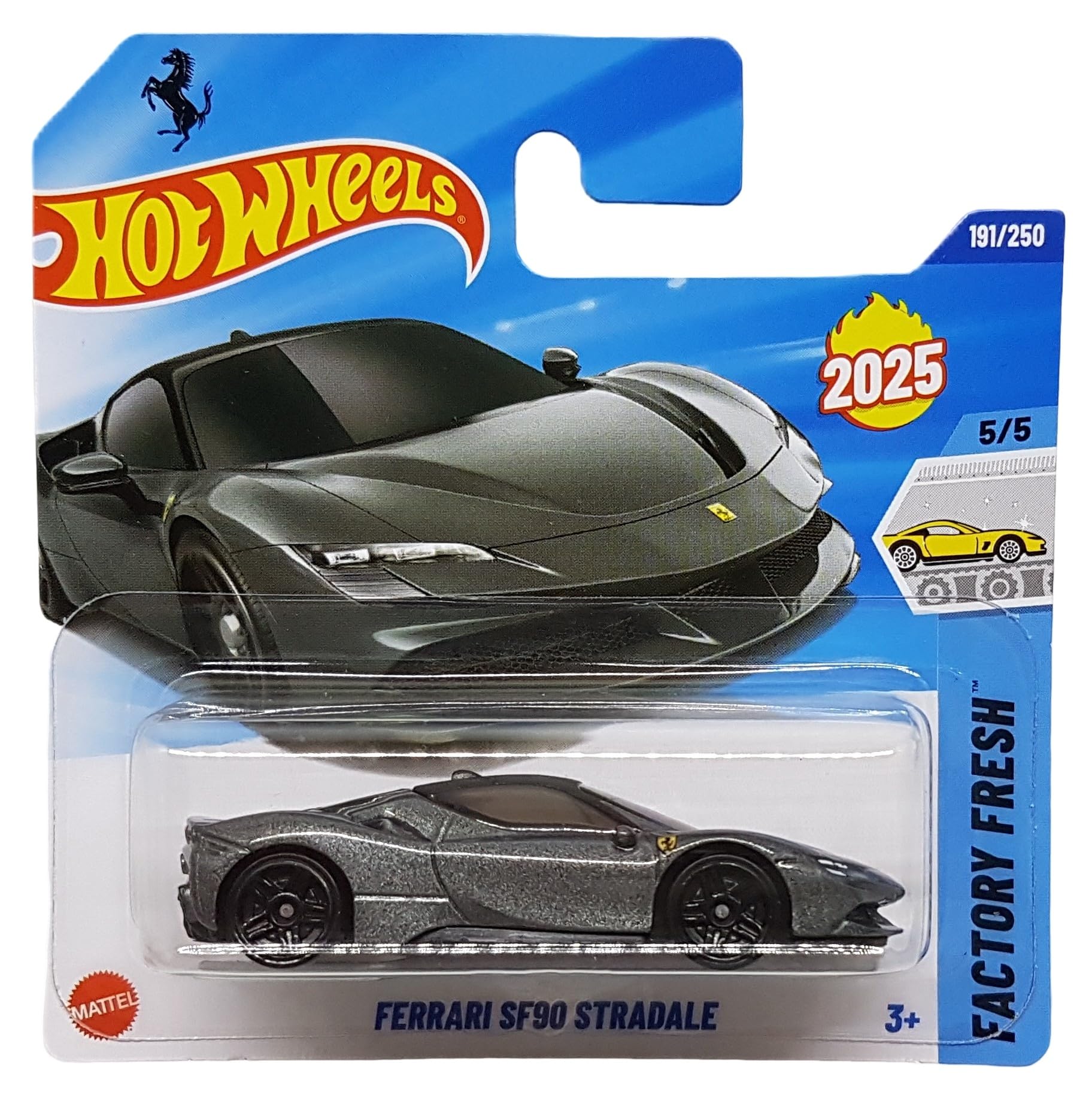 Hot Wheels Ferrari SF90 Stradale Super Sports Car - Factory Fresh 5/5 - HYY08 - Short Card - Grey Metallic - Mattel 2025 - Licensed Model - 1:64