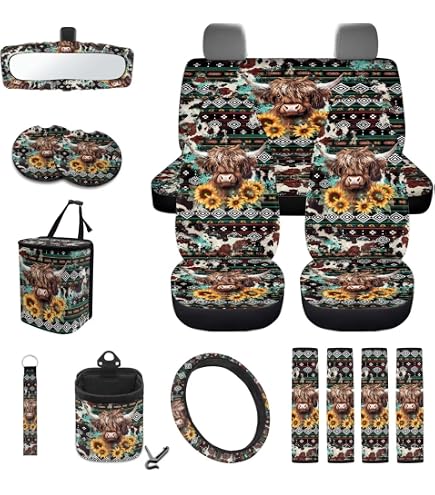 Binienty 4-Piece Car Floor Mats - Aztec Highland Cow & Sunflower Pattern, Non-Slip Universal Fit