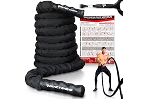 Profect Sports Battle Ropes 50 ft Heavy Duty Battle Rope with Protective Sleeve Black, Plastic, ABS Grip, Adult Strength Training, Cardio, CrossFit