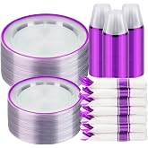 BESTSTAR 350 PCS Clear and Purple Disposable Plates Set for 50 Guests | Include 100 Plastic Plates, 50 Plastic Cups, 50 Pre-Rolled Napkins with Cutlery for Party, Birthday, Thanksgiving, Christmas