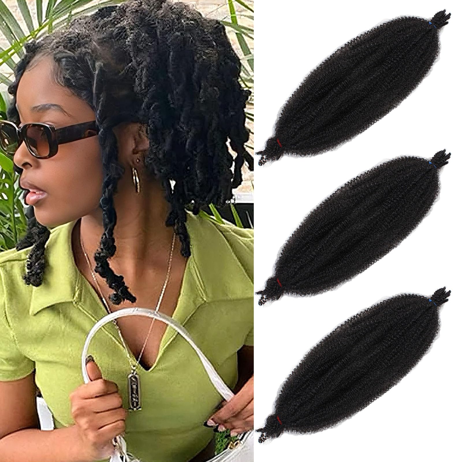 Samtress 3 Packs Springy Afro Kinky Hair Extensions 12 Inch Short Natural Black Pre Fluffed Popping Spring Twist for Soft Locs Crochet Hair Marley Twist Braiding Hair Synthetic (#1B) — image 1