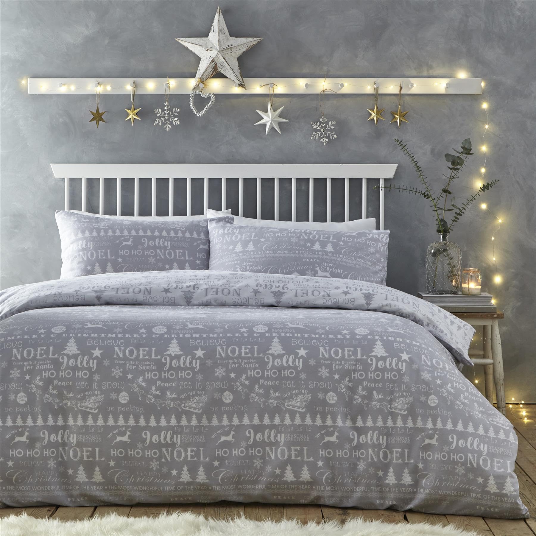Charlotte Thomas Jolly Christmas Duvet Cover Set Silver Xmas Bedding Set Kingsize, Grey