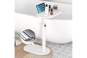 Forevich Bamboo Bathtub Tray Table Bath Side Table with Metal Base Adjustable Height, Portable Freestanding Caddy Tray Tub Shelf for Luxury Bath Home Spa White Table and White Base