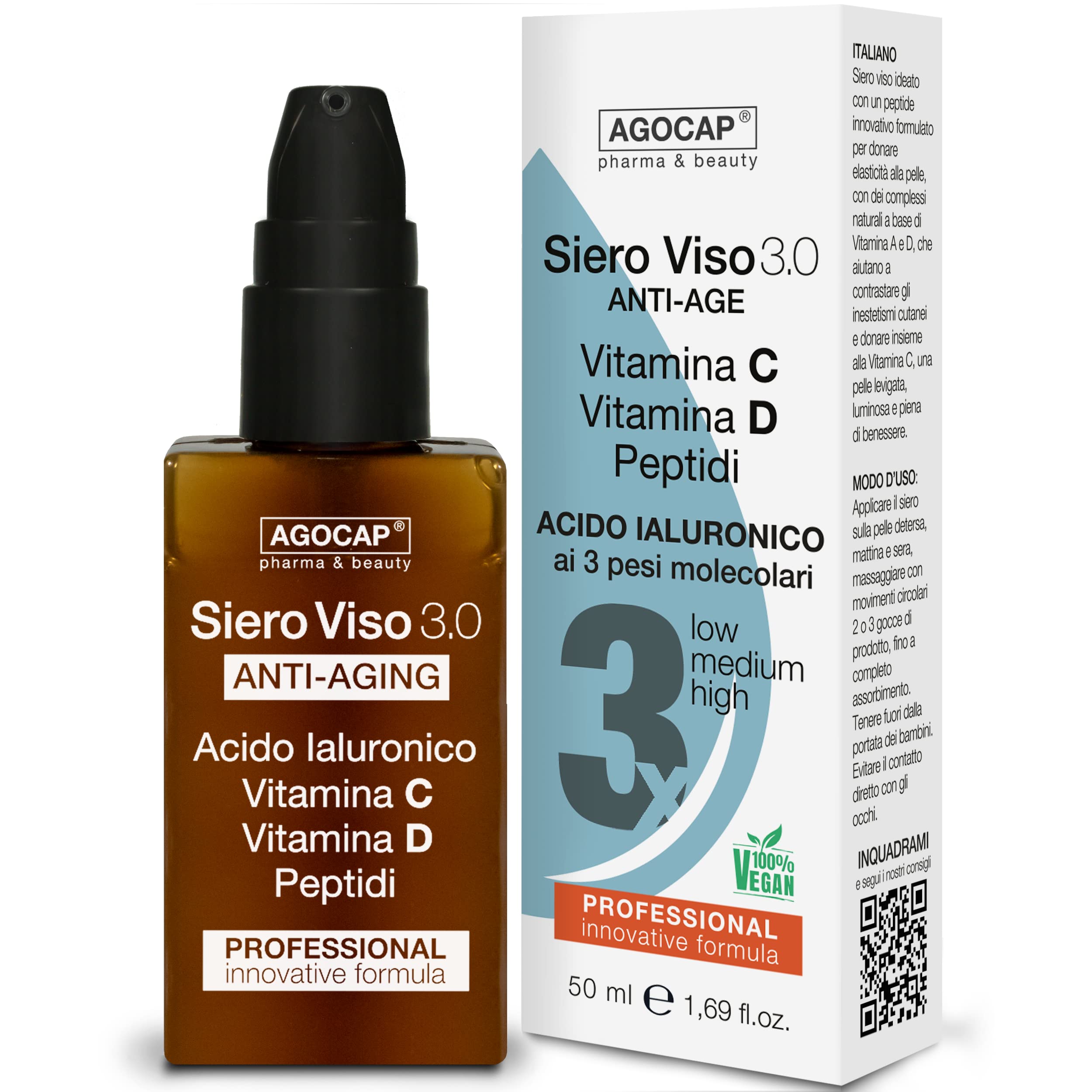 Hyaluronic Acid Face Serum 3 Molecular Weights with Vitamins C and D, Collagen and Retinol. Moisturizing and illuminating anti-wrinkle serum for women and men | Vitamin C Serum 60ml, Made in Italy