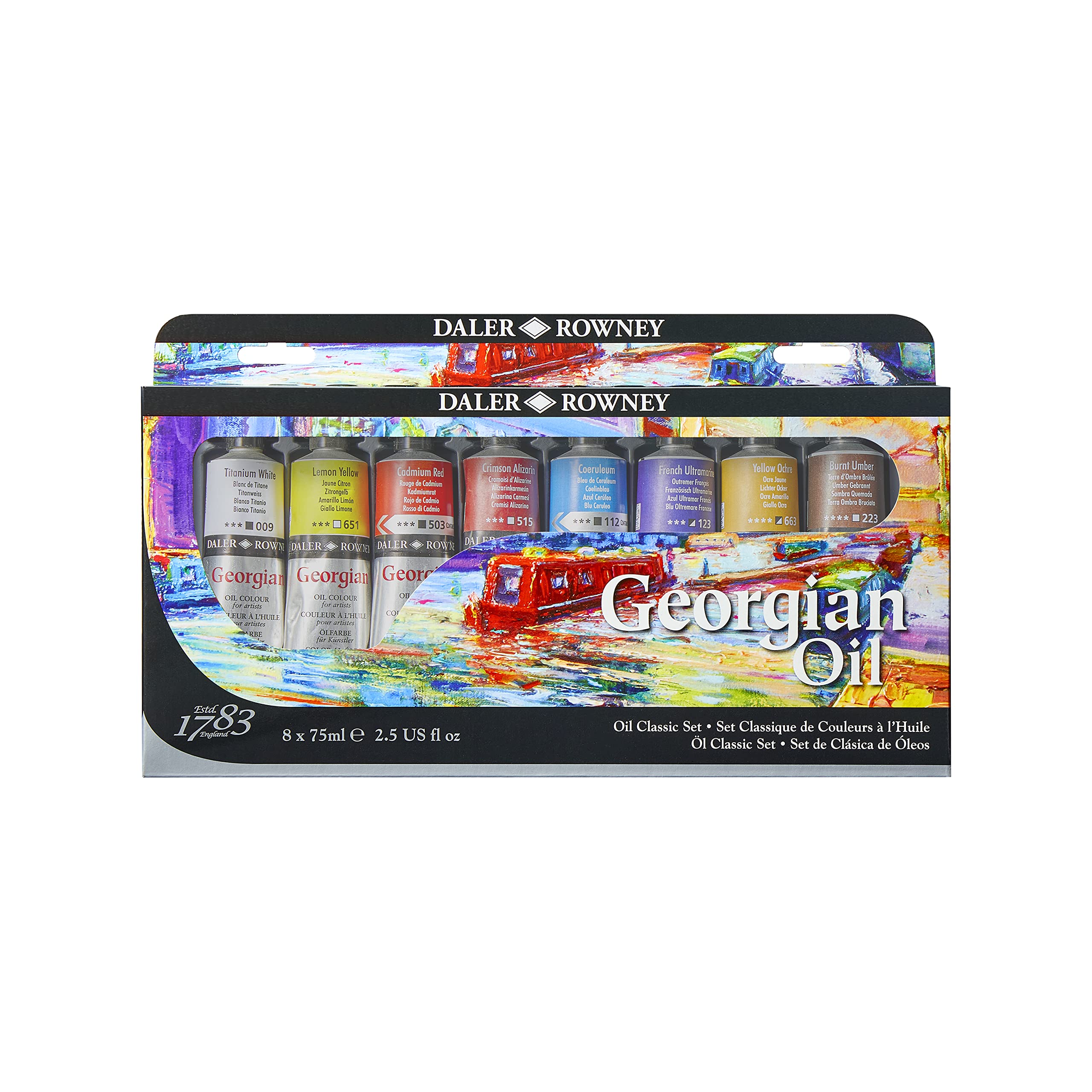 Daler-Rowney Georgian Oil 75ml Classic Paint Set, 8 Assorted Colours, Ideal for Professional Artists & Students
