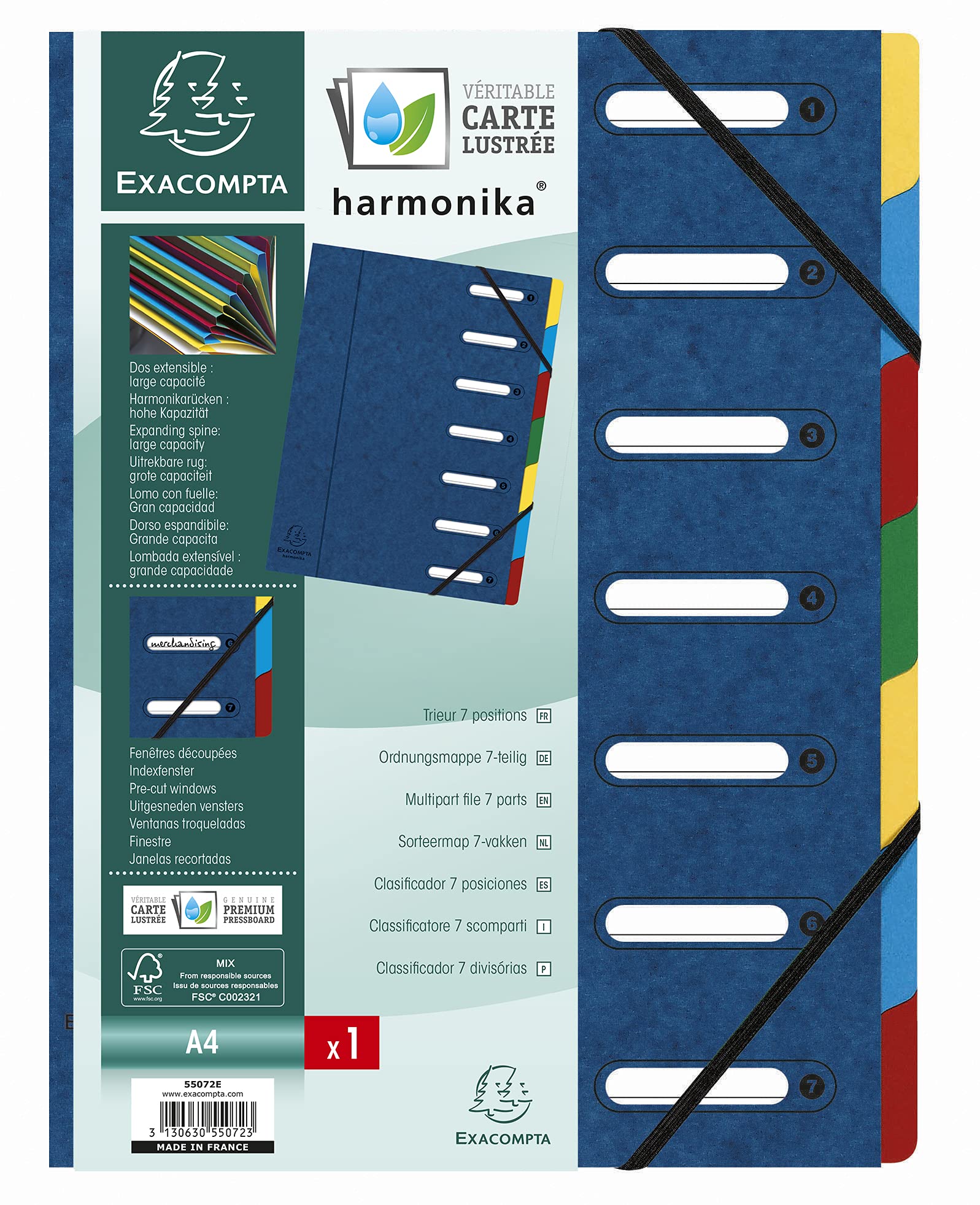 Exacompta - Ref 55072E - Harmonika Multipart File - 24.5 x 32cm in Size, Suitable for A4 Documents, 7 Multi-Coloured Tabbed Sections, Premium Pressboard Cover - Cover in Blue