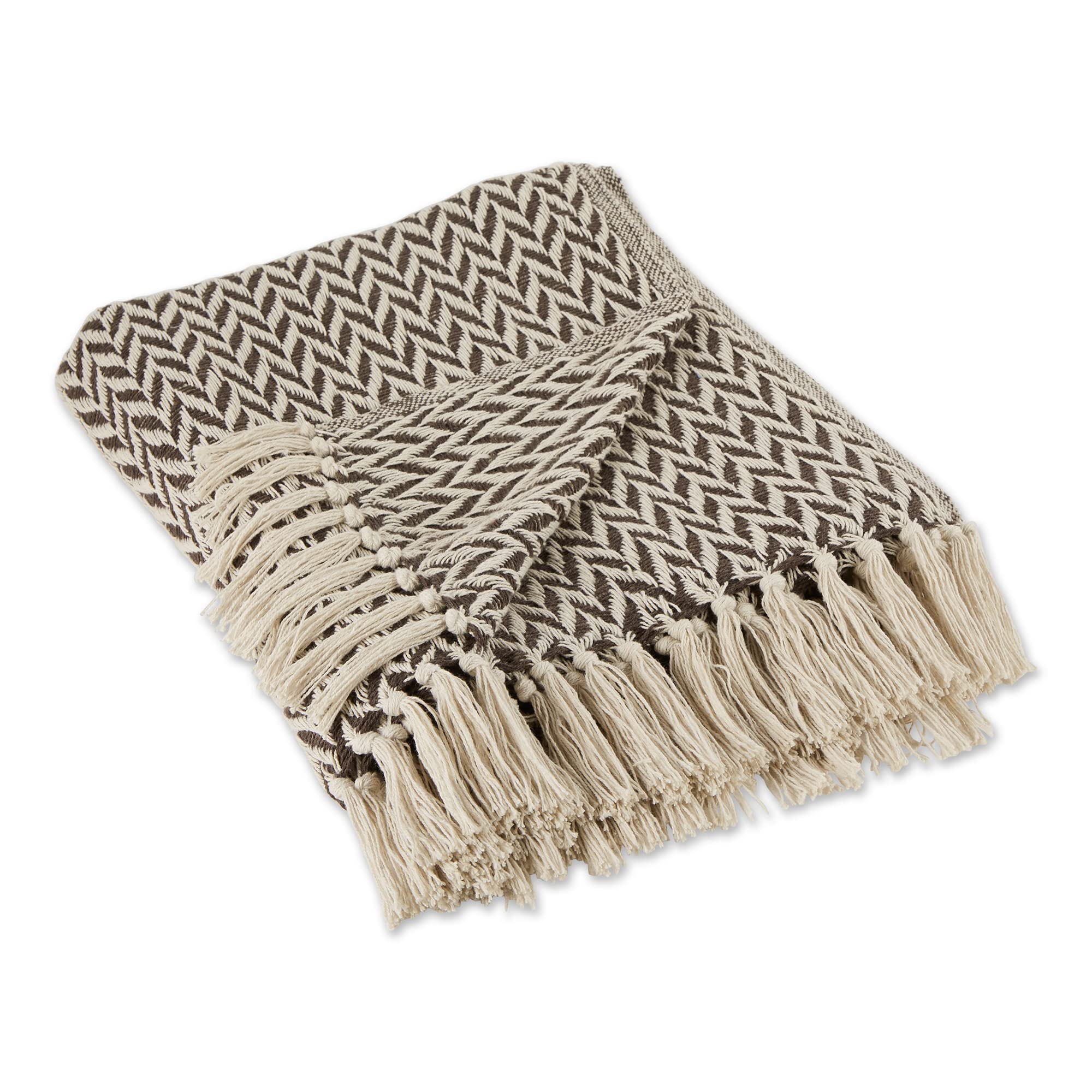 Photo 1 of DII Modern Zig Zag Throw Blanket Woven Cotton, Hand-Knotted 2.5" Fringe, 50x60, Dark Brown