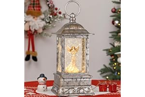 EYROSA Christmas Snow Globe Decorations, Musical Glitter Silver Angel Lantern with 6H Timer, USB/Battery Powered Lighted Décor for Home, Tabletop, Gift Box