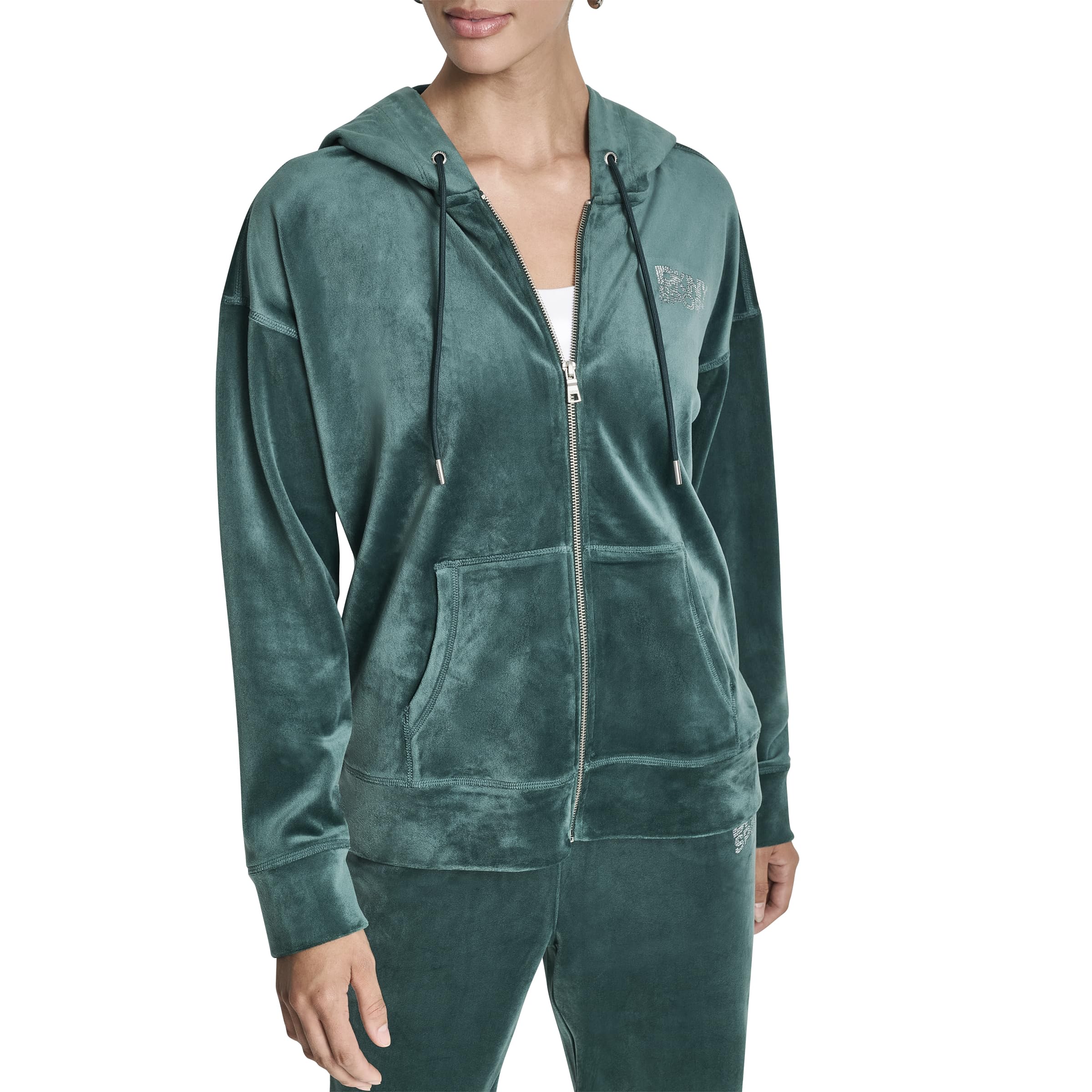 DKNY Women’s Full Zip Rhinestone Logo Novelty Velour Hoodie Sweatshirt, Cool Pine, Medium