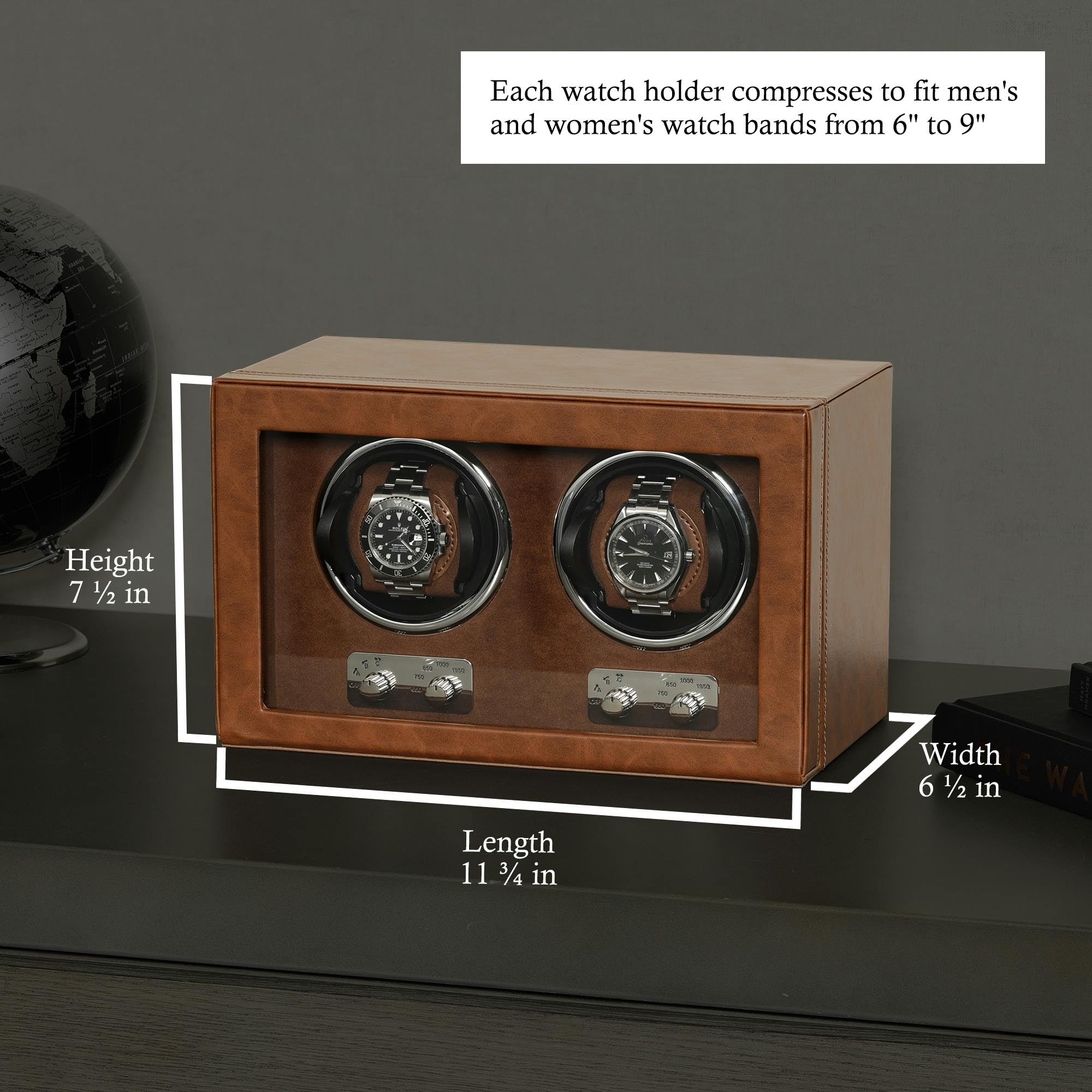 ROTHWELL Double Watch Winder for Automatic Watches with Quiet Motor with Multiple Speeds and Rotation Settings (Tan/Brown)