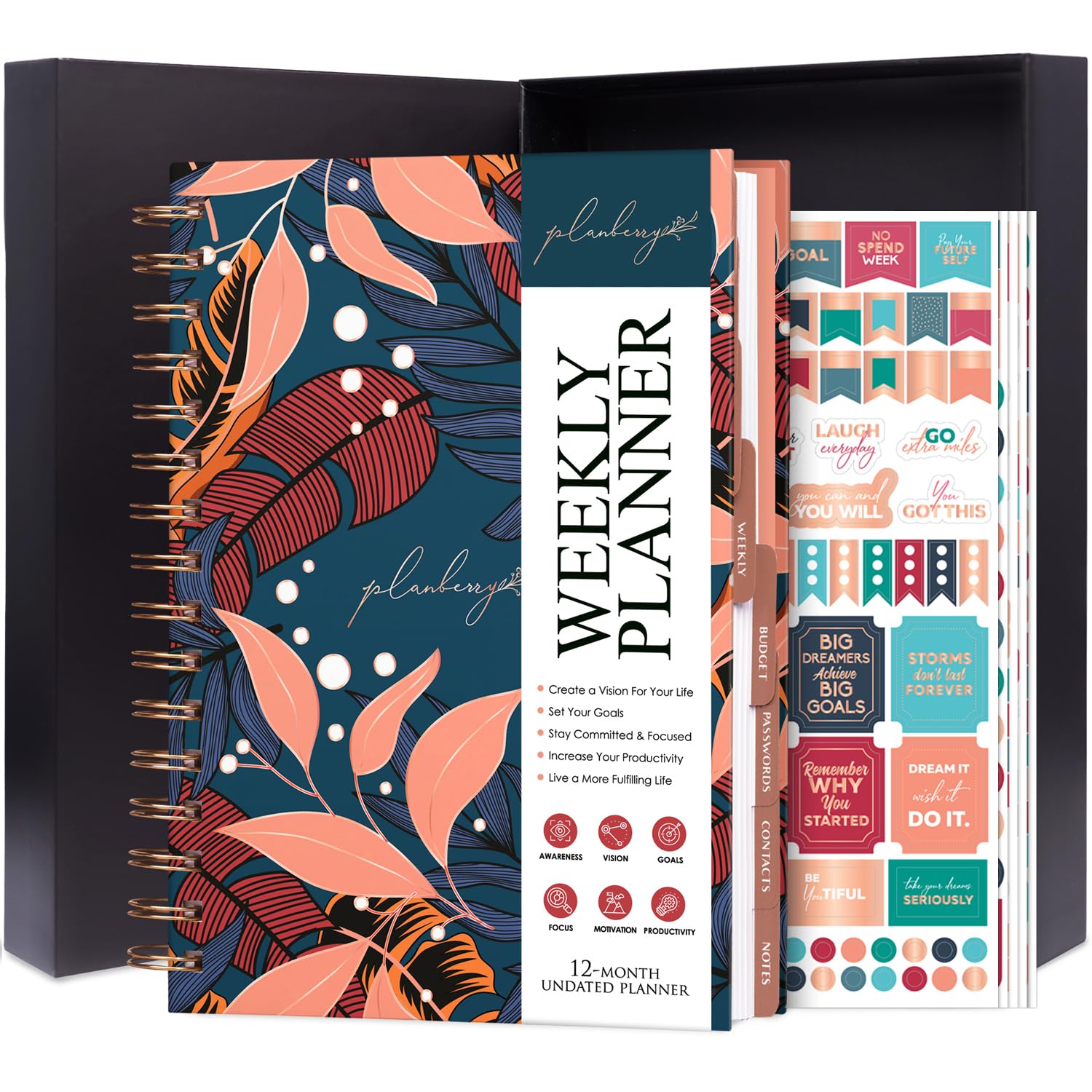 PLANBERRY Weekly Planner – Elegant Life & Budget Planner to Hit Your Goals & Live Happier – Organizer & Productivity Journal – 17.5 x 21.5cm Hardcover, Undated + Stickers (Tropical Night) — image 1