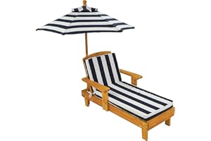 KidKraft Outdoor Wooden Chaise Lounge, Backyard Furniture Chair with Umbrella and Cushion, for Kids or Pets, Navy and White Striped Fabric