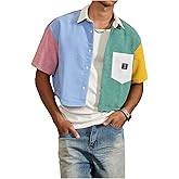 GORGLITTER Men's Striped Cropped Shirt Button Down Cool Short Sleeve Colorblock Collar Casual Streetwear Crop Top Tee