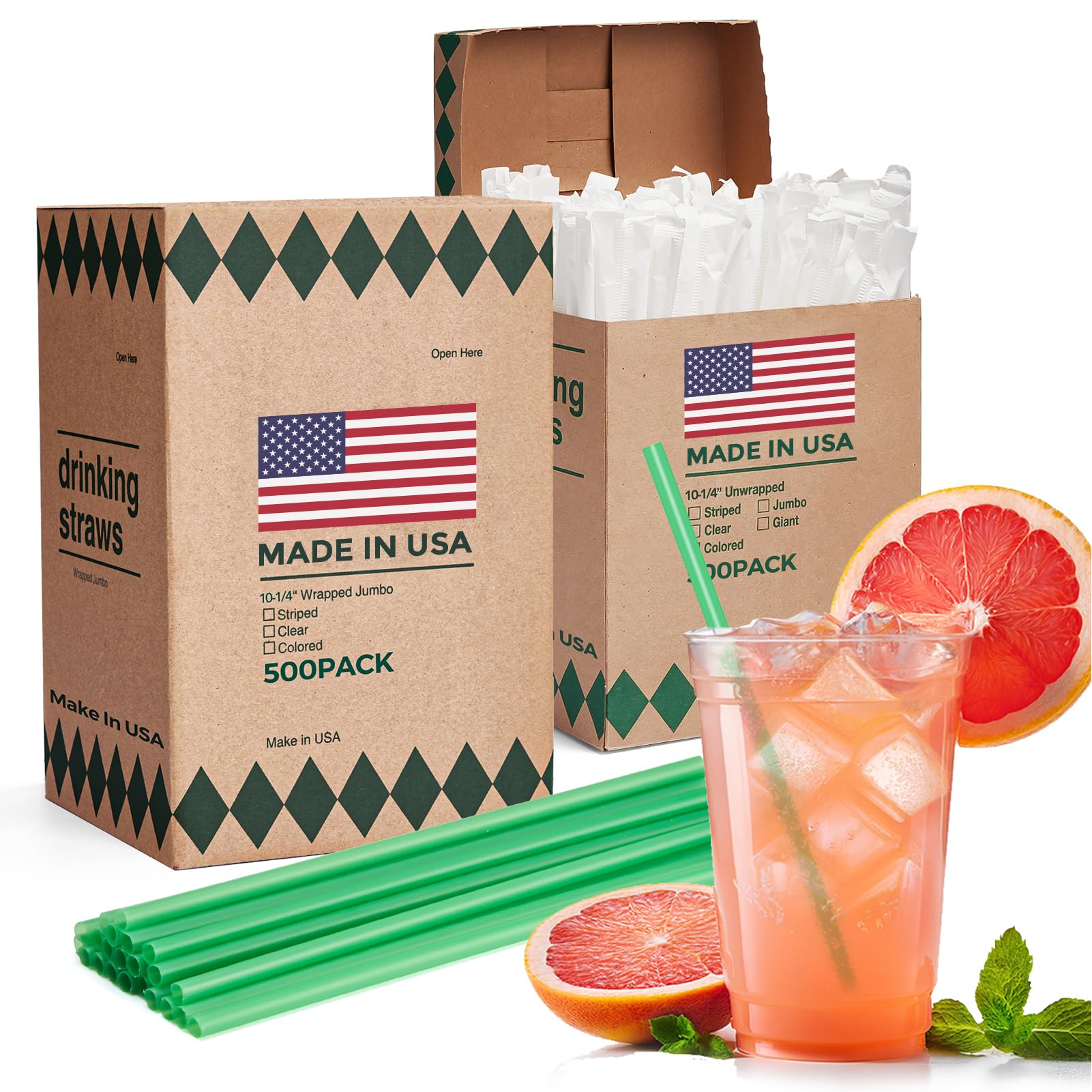 Photo 1 of Glotoch Express 1000 PCS Individually Wrapped Green Plastic Straws, 10.25'' Long, 0.24'' Diameter Disposable Drinking Straws for Every Occasion, Party, Made in USA