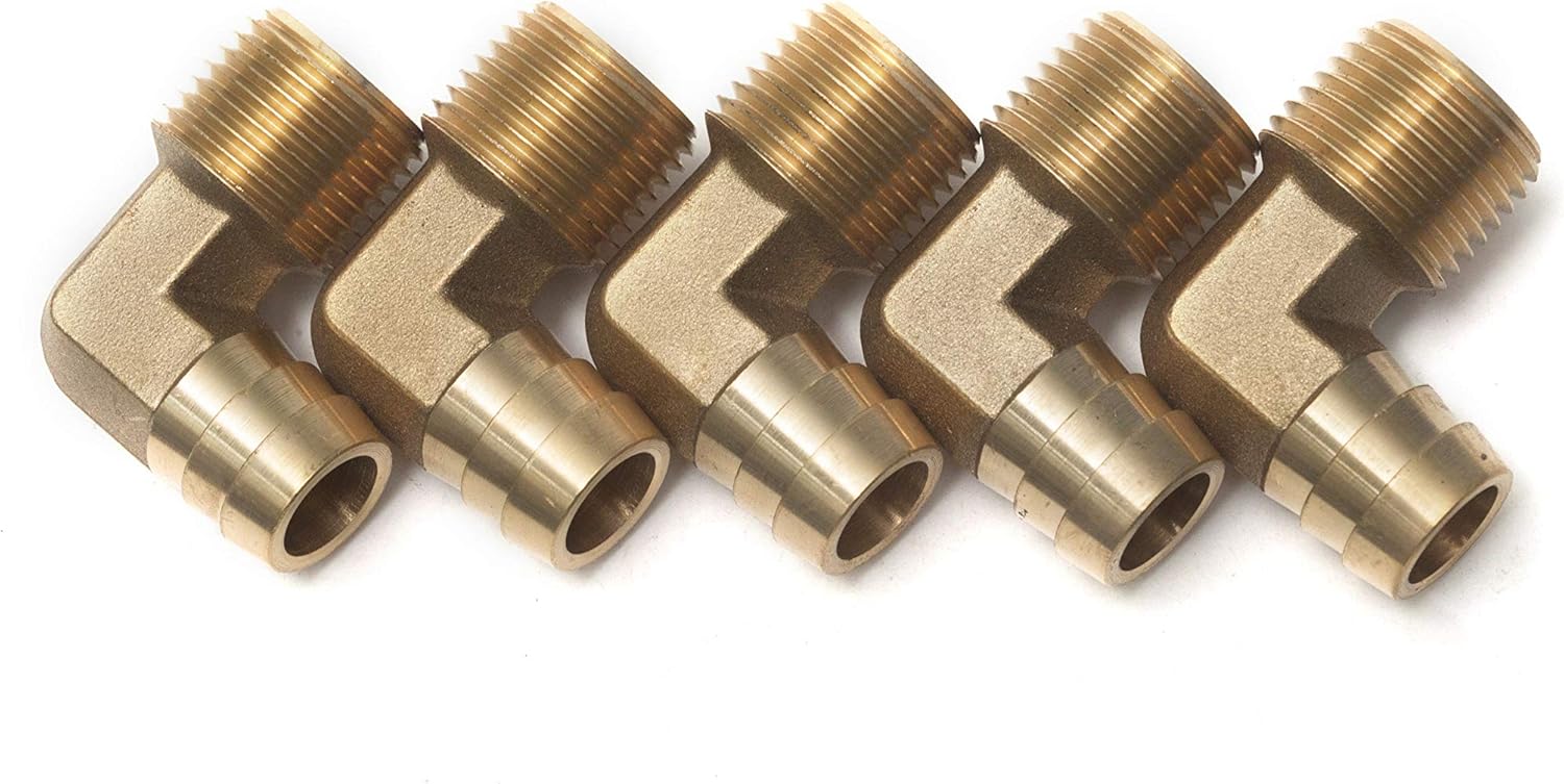 LTWFITTING 90 Deg Elbow Brass Barb Fitting 1/2-Inch Male BSPT x 16mm ID Hose(Pack of 5), 16mm ID Hose x 1/2" Male BSPT