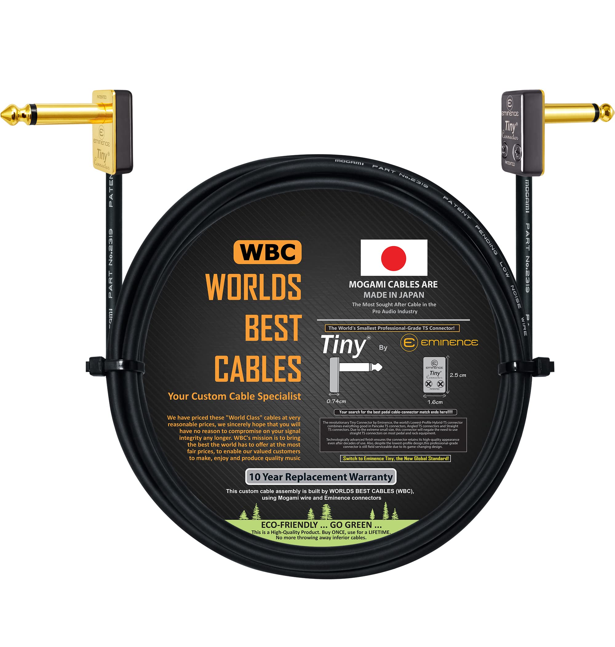 WORLDS BEST CABLES 75 CM - Pedal, Effects, Patch, instrument cable CUSTOM MADE made using Mogami 2319 wire & Eminence Tiny Gold Plated ¼ inch (6.35mm) R/A TS Connectors