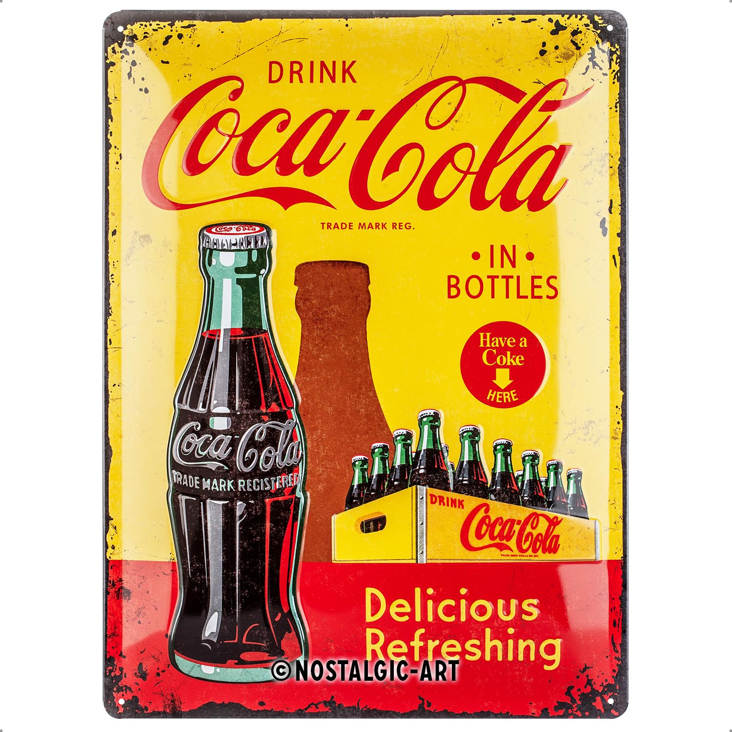 Nostalgic-Art Retro Tin Sign, Coca-Cola In Bottles Yellow, 30 x 40 cm, Extra thick steel, Made in Germany