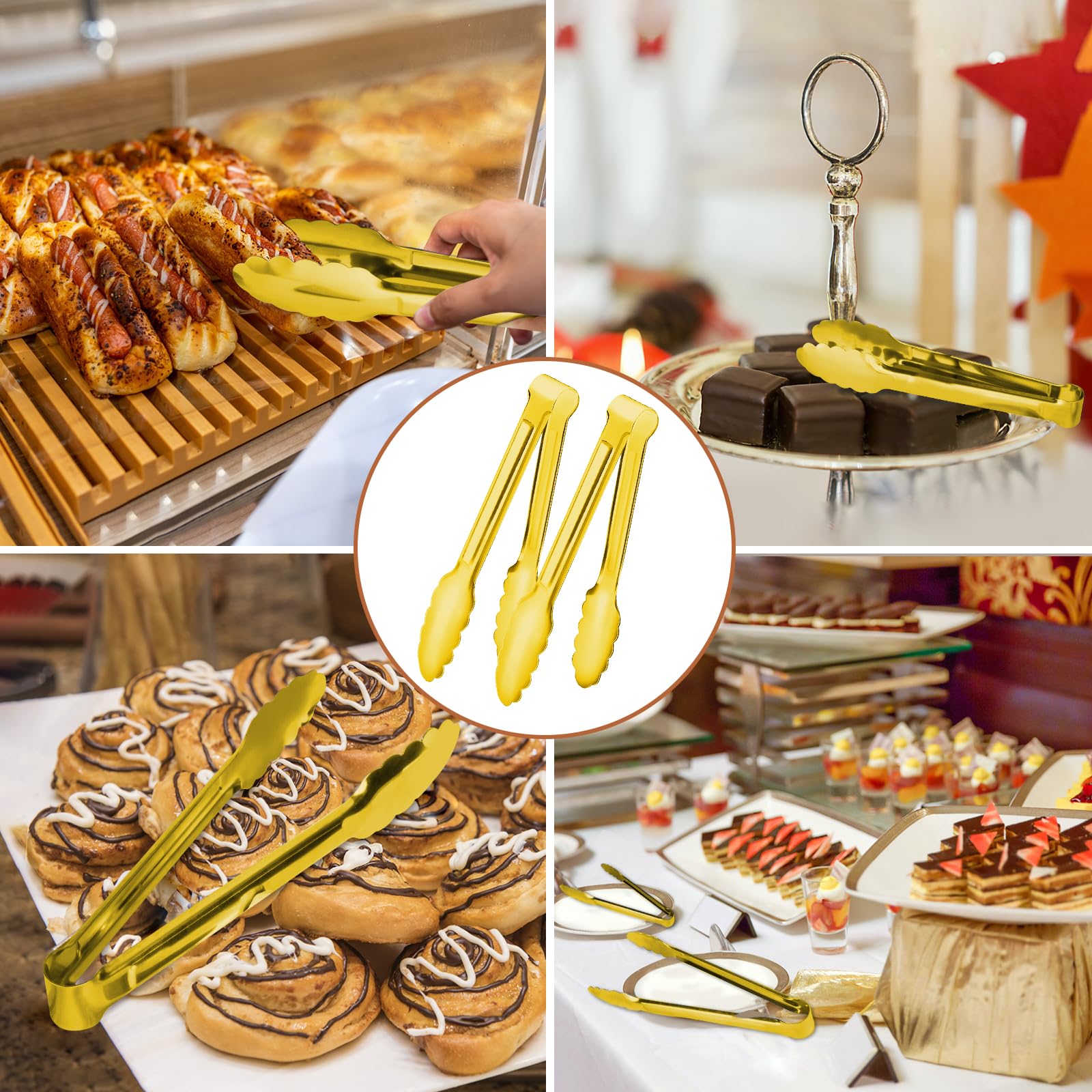 Gisly 6-Piece Gold Serving Tongs, Gold Serving Utensils, Stainless Steel Gold Plated Buffet Serving Tongs,Salad Buffet Tongs,9 Inch