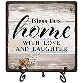 Wenhihsiy Rustic Wooden Sign, 5 x 5 Inches, Bless This Home With Love And Laughter, Tabletop Decorative Sign for Home Office, Bathroom, Kitchen, Coffee Table, Wall Cabinets, Nightstands, Porch