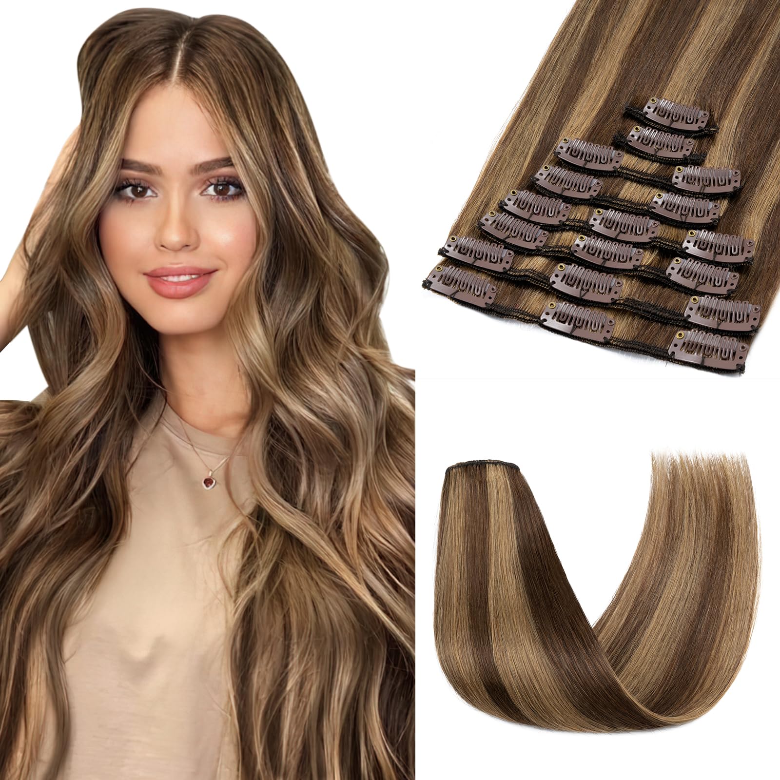 SEGOHAIR 8 PCS Hair Extensions Clip in Real Human Hair, 14 inch Thin Full Head Human Hair Extensions Straight - Chocolate Brown with Strawberry Honey Blonde (60g) — image 1