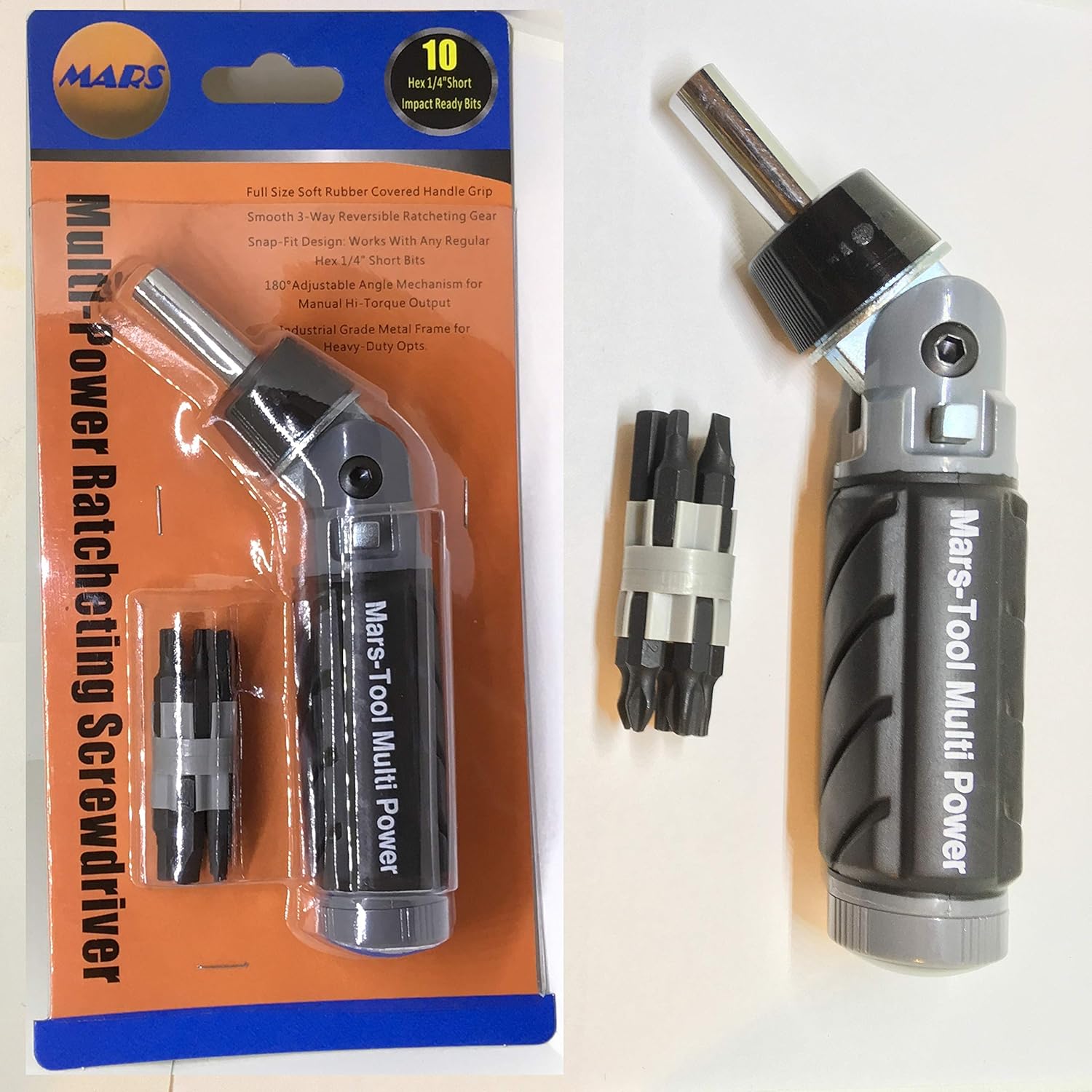 Heavy Duty RATCHETING SCREWDRIVER - ADJUSTABLE ANGLE - 3 Way Ratchet - NONSLIP Big Rubber Grip - Multibit Storage w/Ph Hex Torx Bits | Durable Portable Screw Driving Solutions from Mars-Tool - - 