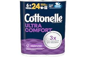 Cottonelle Toilet Paper, 6 Mega Rolls = 24 Regular Rolls, Ultra Comfort, Soft Bathroom Tissue, 244 Sheets per Roll, Packaging