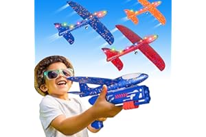 Protado Airplane Launcher Toy, 1 Airplane Launcher with 3 Pack Led Light Foam Glider Planes and 4 DIY Stickers (Blue)