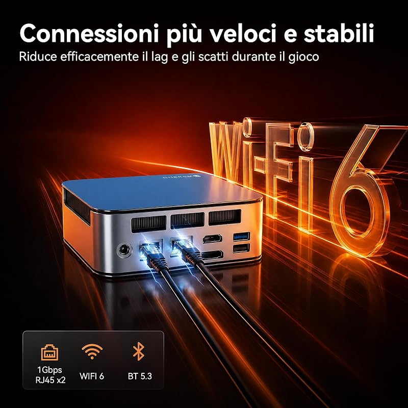 Mini PC Ryzen 5 6600H (Beats 7430U), 16G LPDDR5 512G NVMe SSD, mini computer desktop con triplo display 4K, WiFi 6 BT5.3 Dual LAN, mini computer per ufficio, casa, lavoro