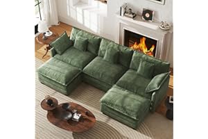 WorthFurni 111.4” Modular Sectional Sofa, U Shape Cloud Couch with 2 Movable Ottoman, Comfy Chenille Deep Seat Sofa with Soft Pillows for Living Room Apartment (Green)
