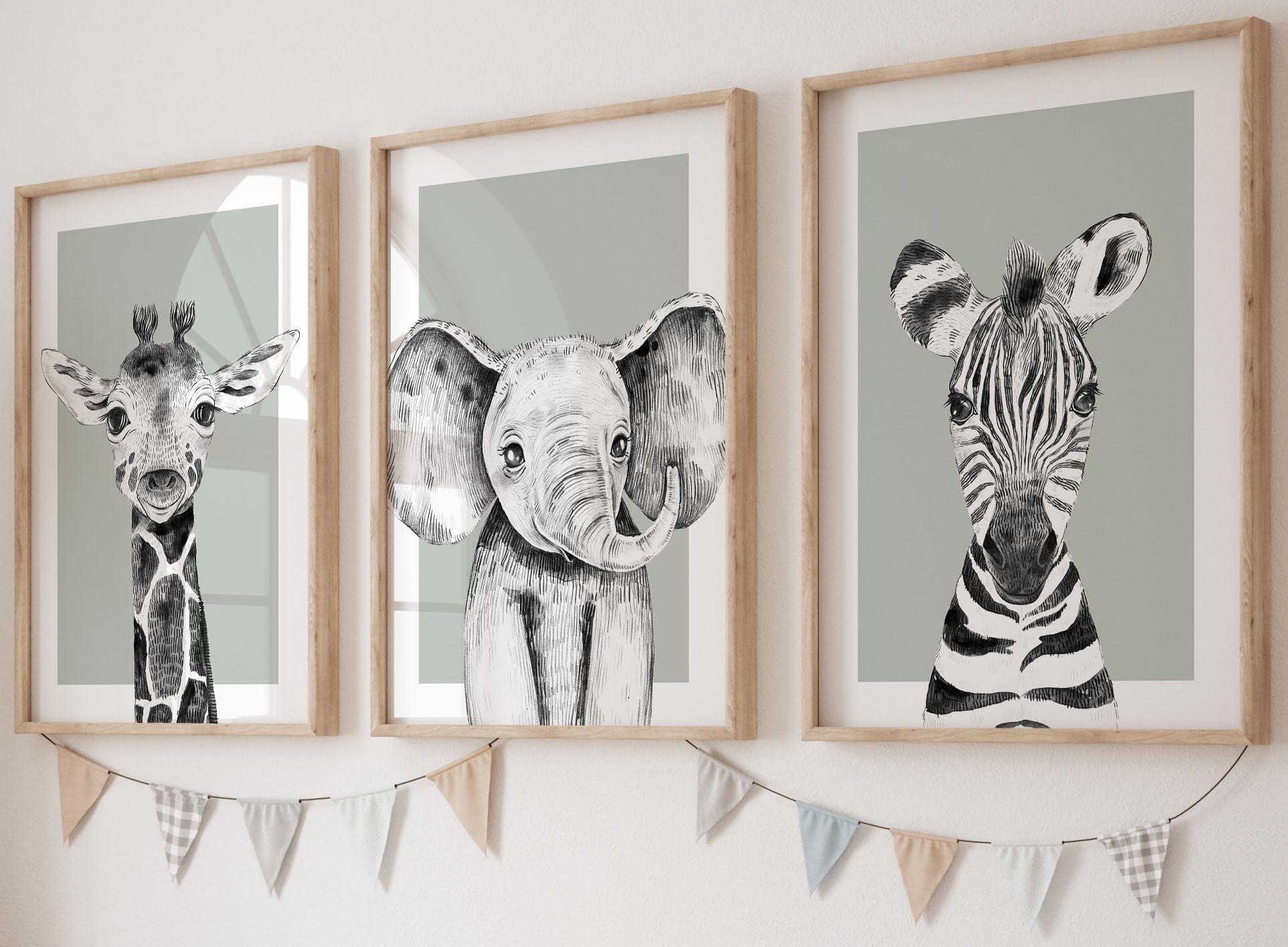 Safari Animals With Sage Green Background Set of 3 Unframed Poster Prints For Baby Girl Boy Nursery Bedroom, Neutral Safari Bedroom Decor Wall Art Posters, Elephant Giraffe Zebra (3 prints, A4)