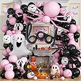 Pink Halloween Balloon Garland Arch Kit, 127 Pcs Pastel Pink Black Halloween Baby Shower Decorations with 3D Bat Little Ghost Boo Foil balloon Cute Ghost Print Balloon for Girls Spooky One birthday