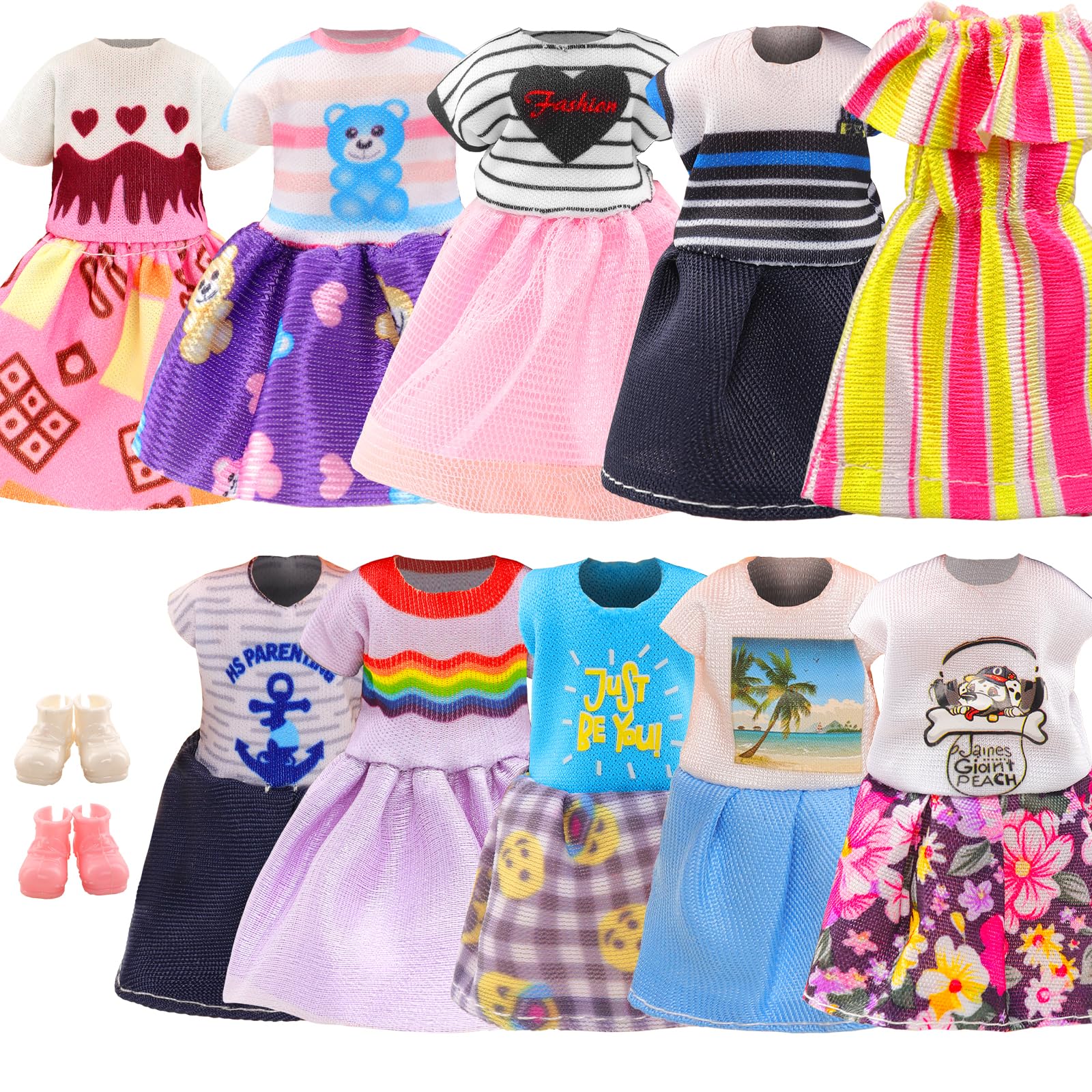 Miunana 12 Clothes Outfits for 6 Inch Dolls = 10 Dresses + 2 Shoes for Girl Dolls