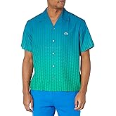 Lacoste Men's Relaxed Fit Short Sleeve Collar Button Down Shirt W/Ombre AOP L Graphic W/Stripes On The Sleeves, TBD, XS/S