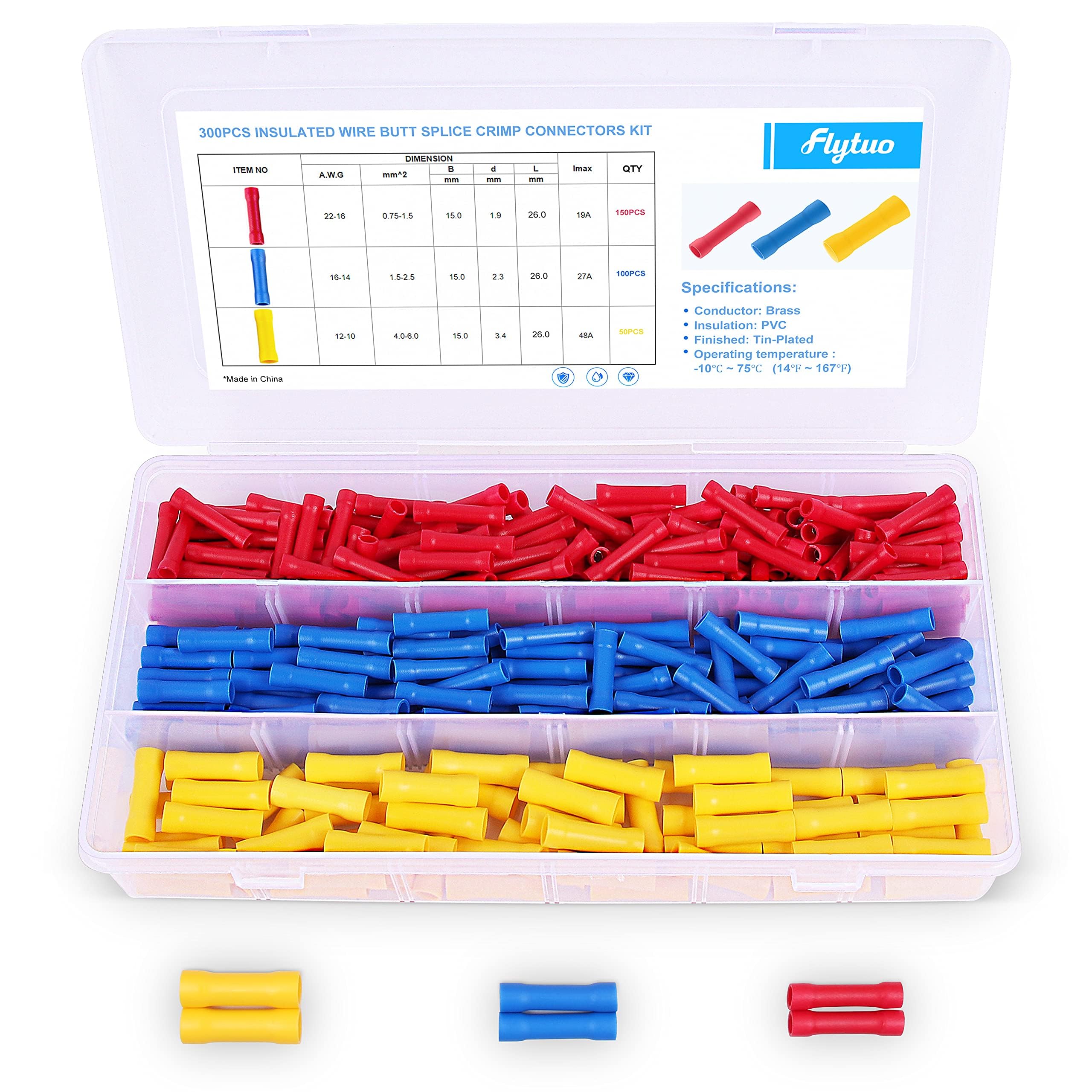 Flytuo 300pcs Butt Splice Connectors,10-22AWG Electrical Connectors Assorted Insulated Electrical Cable Wire Crimp Set Terminals Crimp Connectors Kit