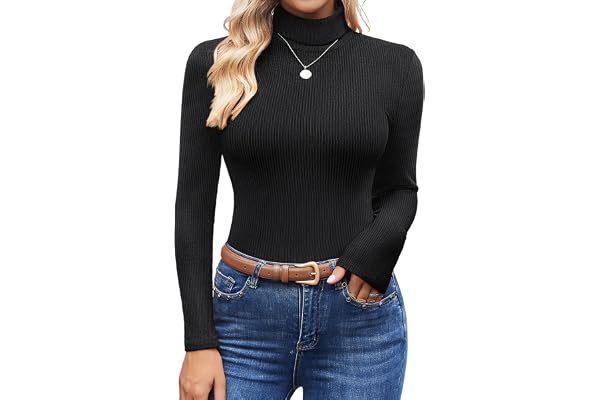 Ekouaer Women's Turtleneck Shirts Long Sleeves Sweater Ribbed Knit Tops Thermal Undershirts Lightweight Loungewear S-XXL