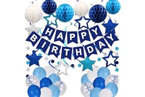 YEOCU Blue Birthday Decorations - Happy Birthday Banner with Birthday Balloons, Honeycomb Ball, Glitter Star Hanging Swirl Streamers, Circle Dot Garland - Birthday Party Decorations for Men Boys
