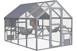 PawHut 110" L Large Catio Outdoor Cat Enclosure for Multiple Kittens, 56 sq.ft Wooden Cat House with Waterproof Cover, Walk in Kitty Cage Kennel with 2 Condos, 6 Platforms, Bridge, Doors, Gray