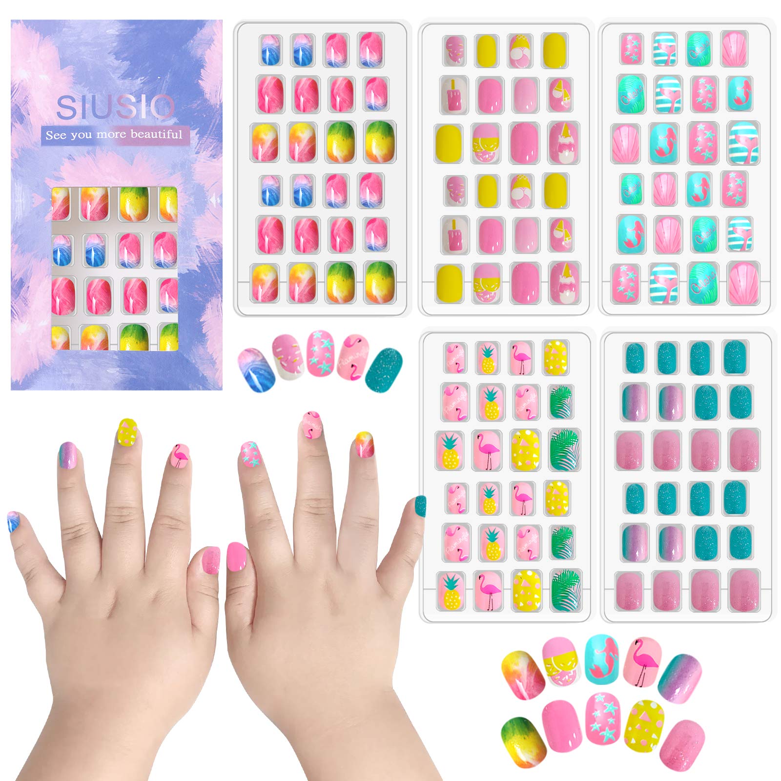 SIUSIO 120 Pcs 5 Pack Children Acrylic Fake Nails Press on Pre-glue Full Cover Glitter Gradient Color Rainbow Short False Nail Art Kits for Kids Little Girls (Colorful Rainbow Series)