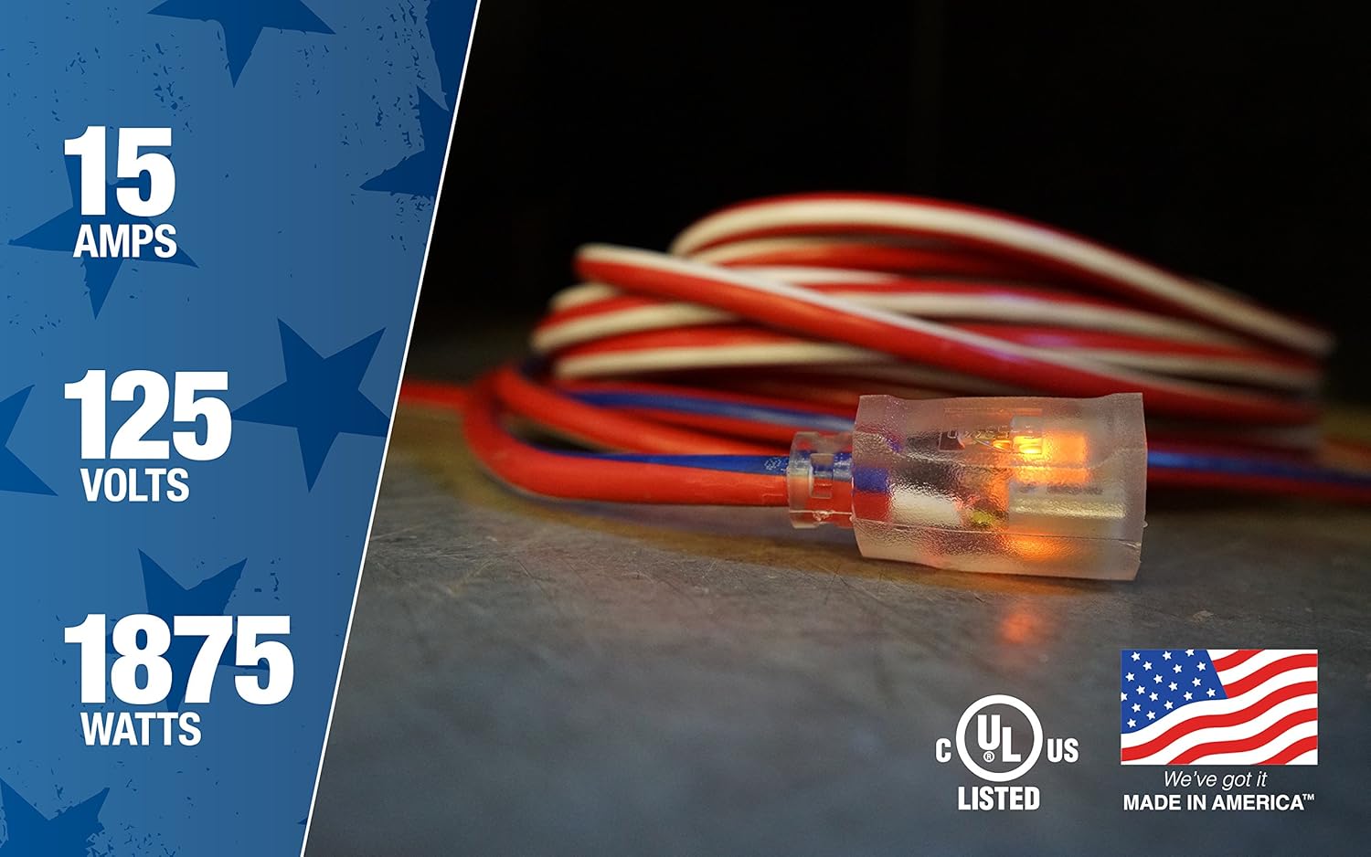 Southwire 2549SWUSA1 100-Feet, Contractor Grade, 12/3 Extension Cord, With Lighted End; Red White And Blue, American Made Extension Cord, Indoor and Outdoor Use, Water Resistant Flexible Jacket - Outdoor Extension Cord - 